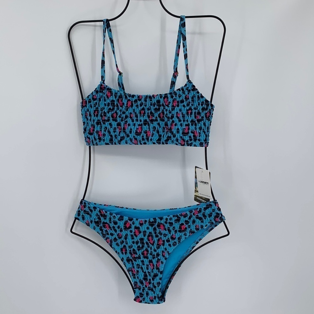 Mosmann Australia Havana aqua blue leopard print smocked swim bikini new Large
